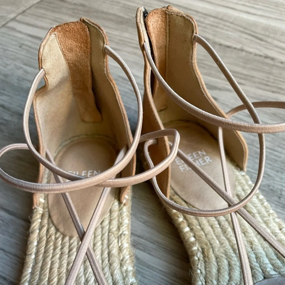 Eileen Fisher Tan Leather Espadrille Flat Elastic Straps Zip Heel Closure SZ 7